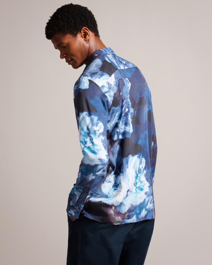 Chemises Ted Baker Long Sleeve Floral Turquoise Bleu Homme | REC-20138047